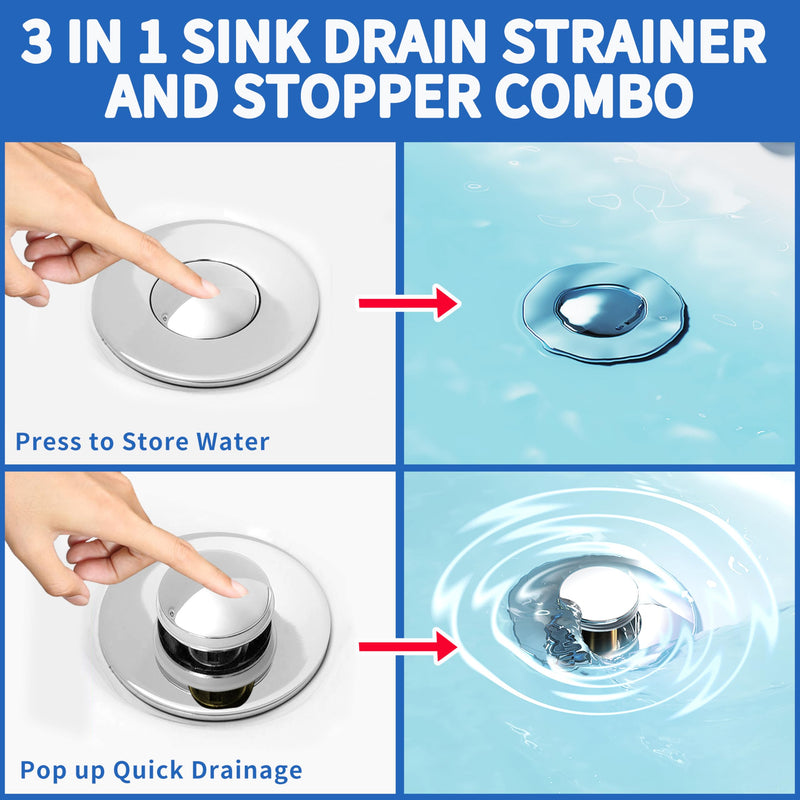 2PCS Bathroom Sink Stopper Strainer, Pop-Up Bathroom Sink Drain Strainer with Removable Stainless Steel Hair Catcher Basket, Universal Fit for US Bathroom Sinks, Bathtubs, Showers & Floor Drains 2pcs