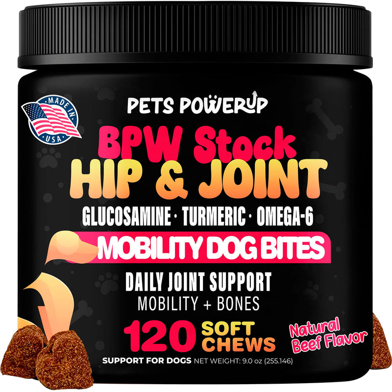 Hip & Joint Mobility Dog Vitamins and Supplements (120 Ct) Dog Bites Soft Chews Treats with Glucosamine Chondroitin MSM Turmeric Omega 6 Dog Joint Supplement for Small Medium Large Dogs