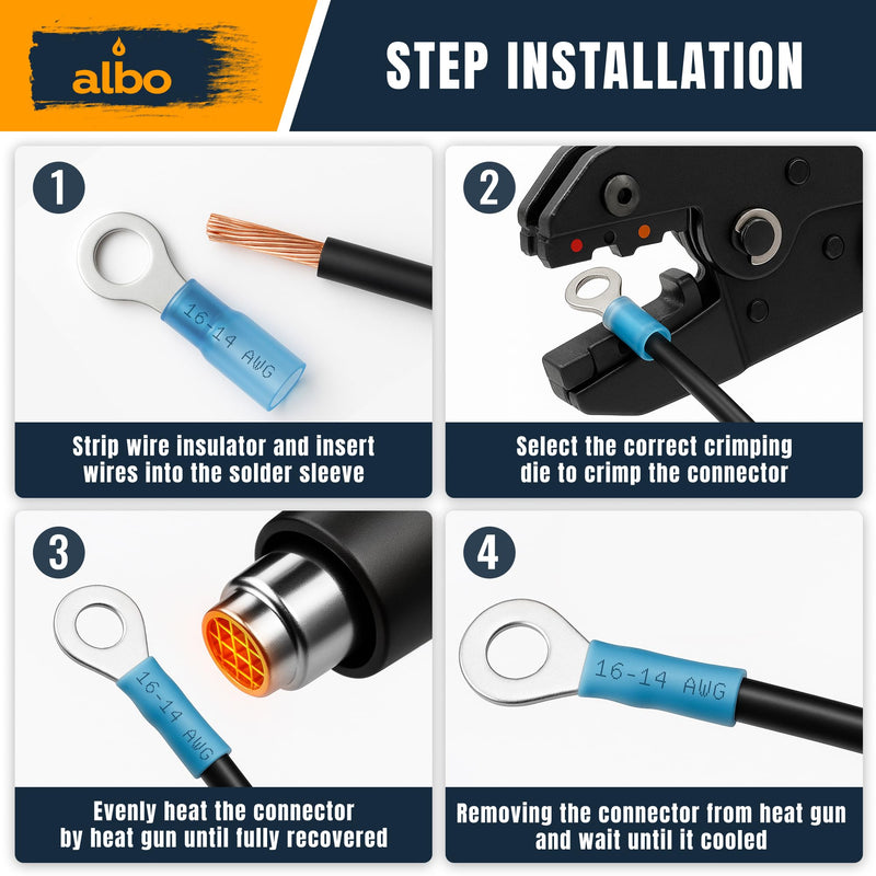 ALBO 500PCS Heat Shrink Ring Terminal Kit – Wire Terminal Connectors Assortment for 22-10 AWG, Waterproof Electrical Connectors Set – Tinned Copper Electrical Ring Terminals Set AWG 22-10 500 pcs