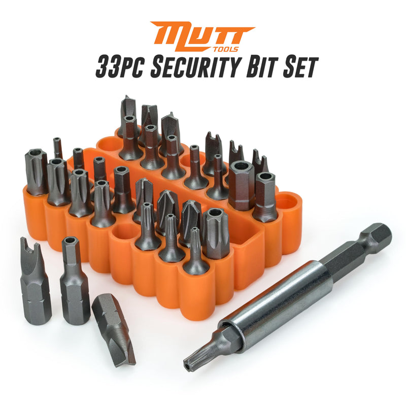 Mutt Tools 33pc Security Bit Set – Includes Security Torx, Metric and SAE Hex, Torq, Spanner Bit Set and Triwing – Tamper Proof Torx and Hex