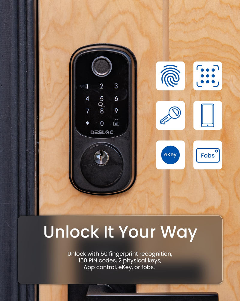 DESLOC Smart Door Lock B200, Smart Deadbolt Lock, Keyless Entry Door Lock, Fingerprint Smart Lock, Smart Locks for Front Door, App Control, Touchscreen Keypad Deadbolts,12-Month Battery, BHMA Grade3 Black