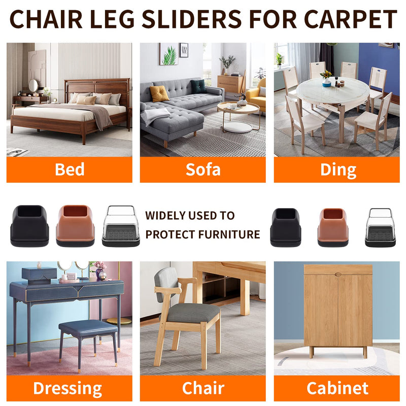 24 PCS Chair Leg Sliders for Carpet, Square Chair Glides, Furniture Leg Protectors Caps, Carpet Protectors Table Feet Covers Cups, Teflon Furniture Pads Sliders No Scratches (Fit 1.1" - 1.45", Clear) L - Clear