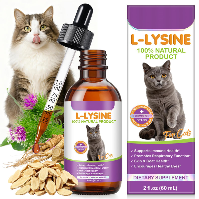 Cat L-Lysine Supplement for Immune & Respiratory Support 60ml, Support for Sneezing, Runny Nose & Eye Function, L-lysine Drops Roast Chicken Flavor. Pack of 1