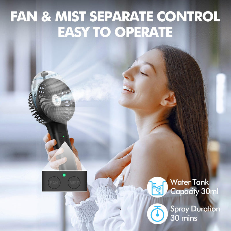MORECORE Portable Misting Fan, 180° Foldable Handheld Personal Fan with Mist Spray, 3 Adjustable Wind Speeds, USB Rechargeable for Travel Outdoors Makeup Camping Home Office (Black)