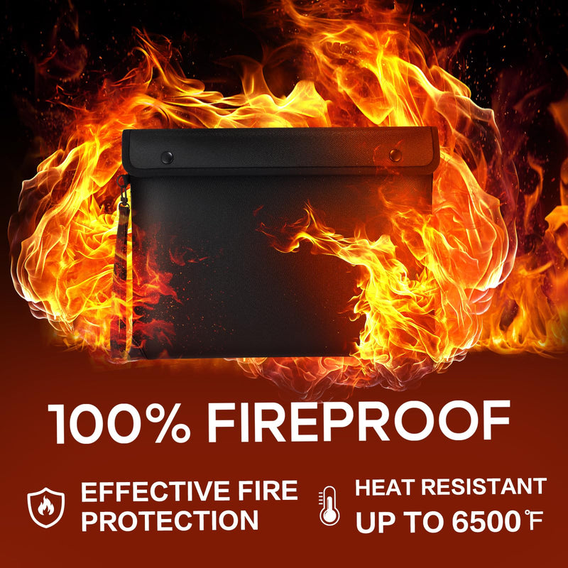 6500℉ Real Fireproof Document Bag, Wallet with Fire Proof Zipper, 8 Layer Material, Envelope Bag for A4 Size Documents, Id Card Black