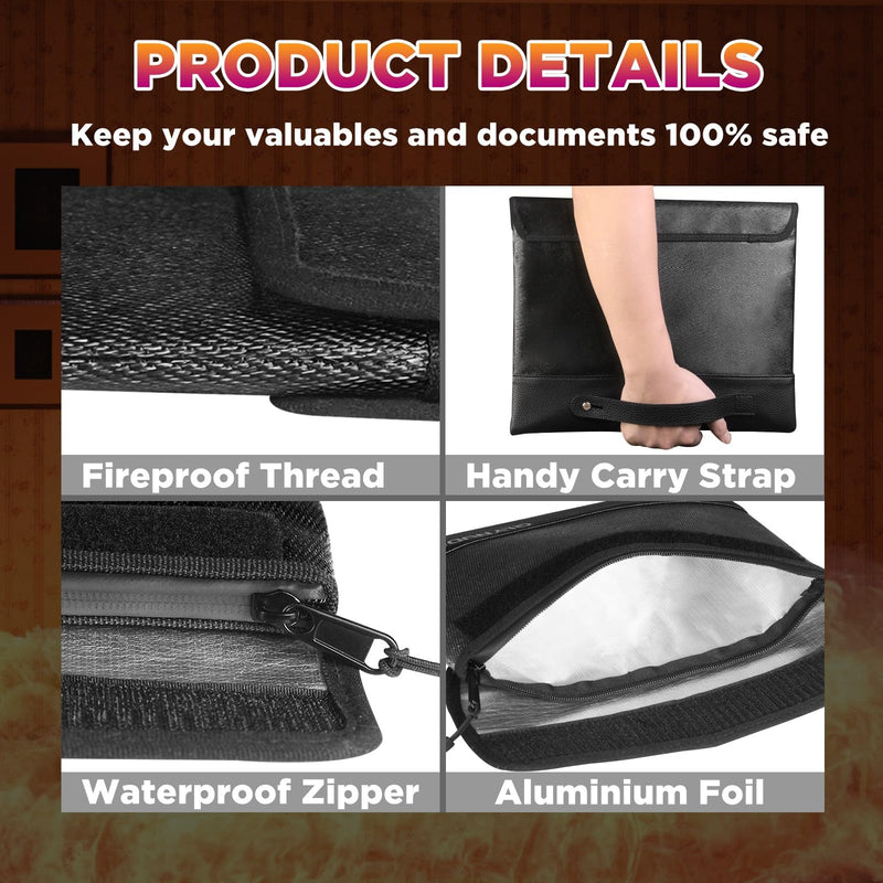 Fireproof Bag for Cash & Documents - A4 (11x13.3") Waterproof Fireproof Document Bag, 4200℉ Resistant, Reflective, Secure Protection for Valuables Large Black
