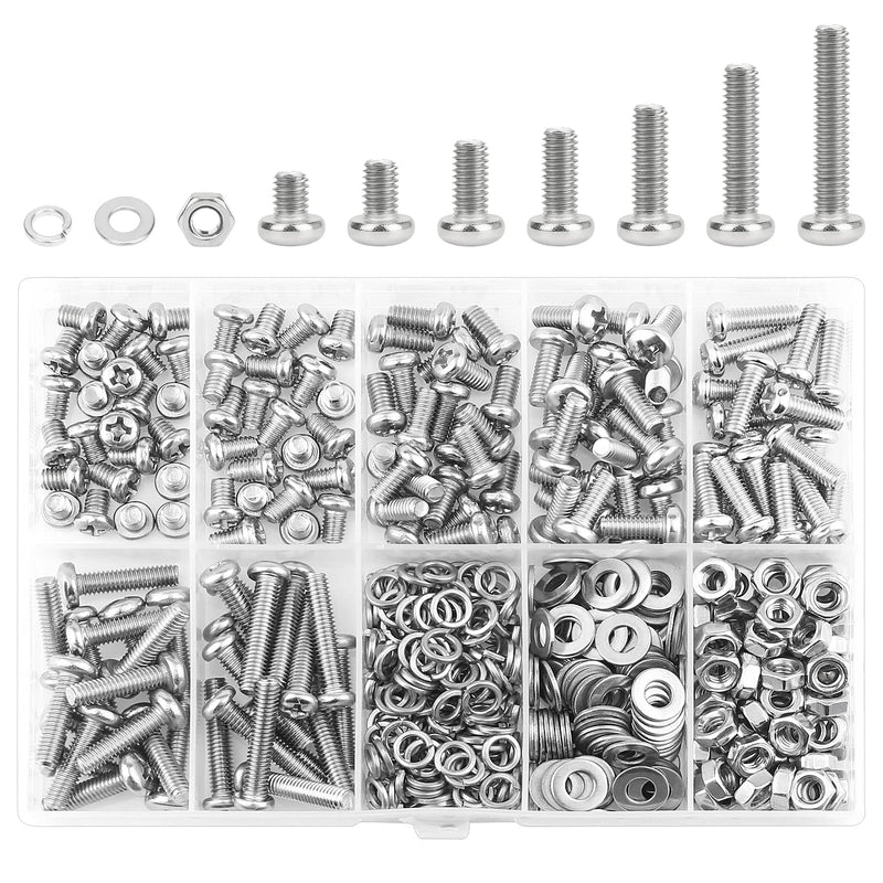 380 Pieces M4 x 5mm /6mm /8mm /10mm /12mm /16mm /20mm, Phillips Pan Head Machine Screws, Metric Screws Bolts Washers Nuts Kit, 304 Stainless Steel