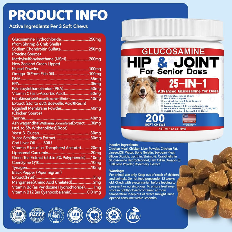 Glucosamine for Dogs Hip and Joint Supplement - 25-in-1 Hip and Joint Chews for Dog with MSM, Green Lipped, Turmeric, Yeast, Omegas, Vitamins| Mobility Support for All Ages & Sizes Dogs,200 ct 200 Count