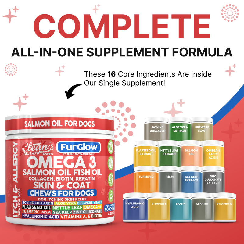 FurGlow Skin and Coat Supplement for Dogs Salmon Oil Omega 3 Fish Oil Turmeric Collagen Aloe Vera Flaxseed Oil Hyaluronic Acid Biotin Keratin Aloe Vera Allergy Relief Beef Flavor | Clean Nutra Pets