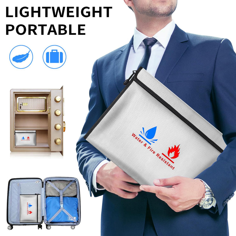 Fire-resistant document pouches, including a set of fire-resistant wallet security pouches, measuring 15 x 11 in and 9 x 7 in, with a non-irritating silicone coating, for Money, Documents and Passport