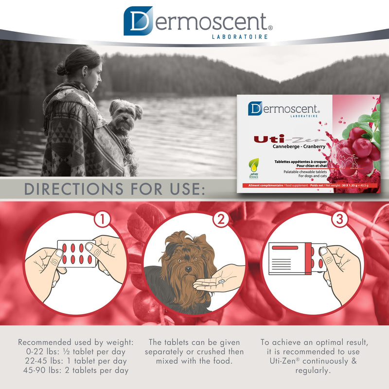 Dermoscent UTI-Zen Cranberry Tablets for Dogs & Cats Food Supplement for Bladder, Kidney & Urinary Tract Health Chicken Flavoured - 30 Tablets