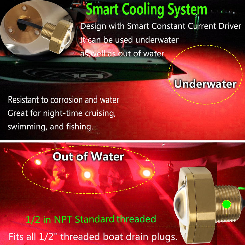 Red Boat Drain Plug Light,IP68 Underwater Boat Lights with APP Remote Control,Replaces Standard 1/2" NPT Drain Plug for Cruising, Fishing & Fun,Smart Cooling System,No Holes to Drill! Red 1PCS NPT