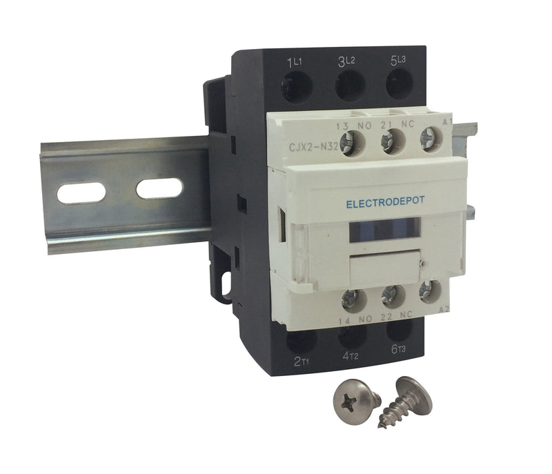 Electrodepot 30 Amp 3 Pole Contactor, 110-120V Coil, Motor Load 32A, Lighting 40A, 50A Bundle with Slotted Steel Zinc Plated DIN Rail, 35 Millimeters x 6 Inches – 1 Piece with 2 Number 10 Screws 3 Poles