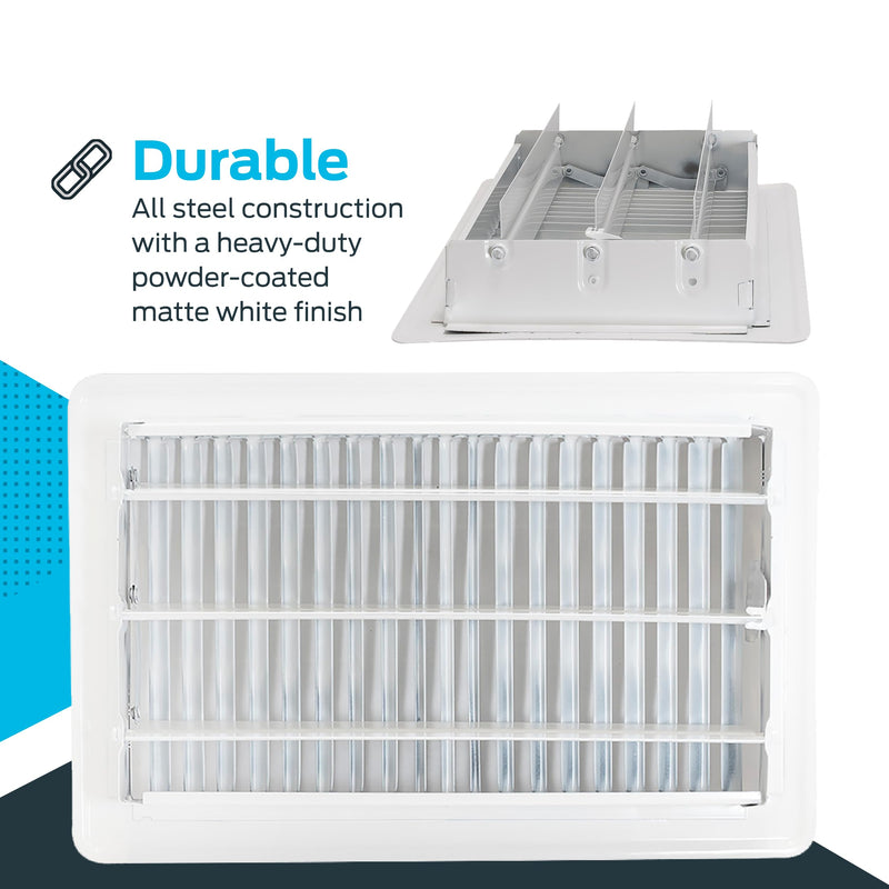 EZ-FLO 6 x 10 Inch (Duct Opening) Floor Register Vent Cover, One-Way Ventilation Register Diffuser, Solid Steel HVAC Air Vent Cover, White, 61637 6 in. x 10 in.