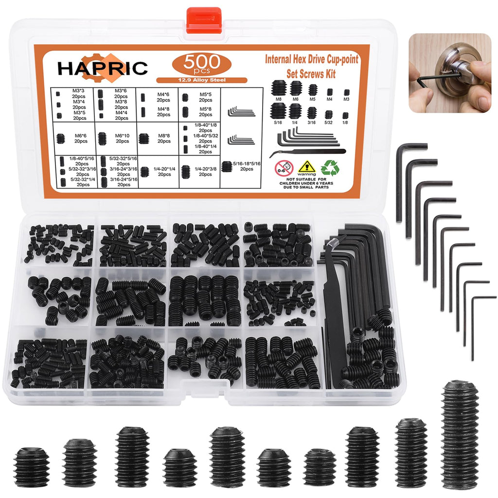 500 Pcs 25 Size Set Screws Metric&SAE Set Screw Assortment Kit 12.9 Alloy Steel Head Socket Metric Set Screws for Bathroom Fixtures Door Handles(M3-M8, 1/8"-40 to 5/16"-18)