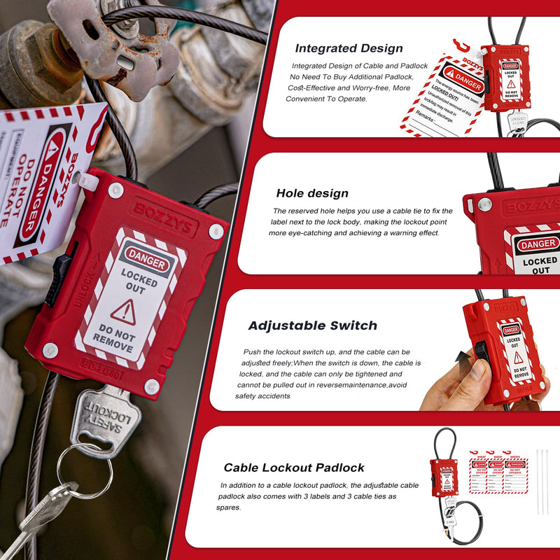 Adjustable Cable Lockout Padlock, Red Loto Safety Lockout Locks,Plastic Body for Lock Out Tag Out Stations and Devices,with Plastic-Coated Stainless Steel Cable (6MM Diameter, 1.8M Length) BD-LG81-1PCS