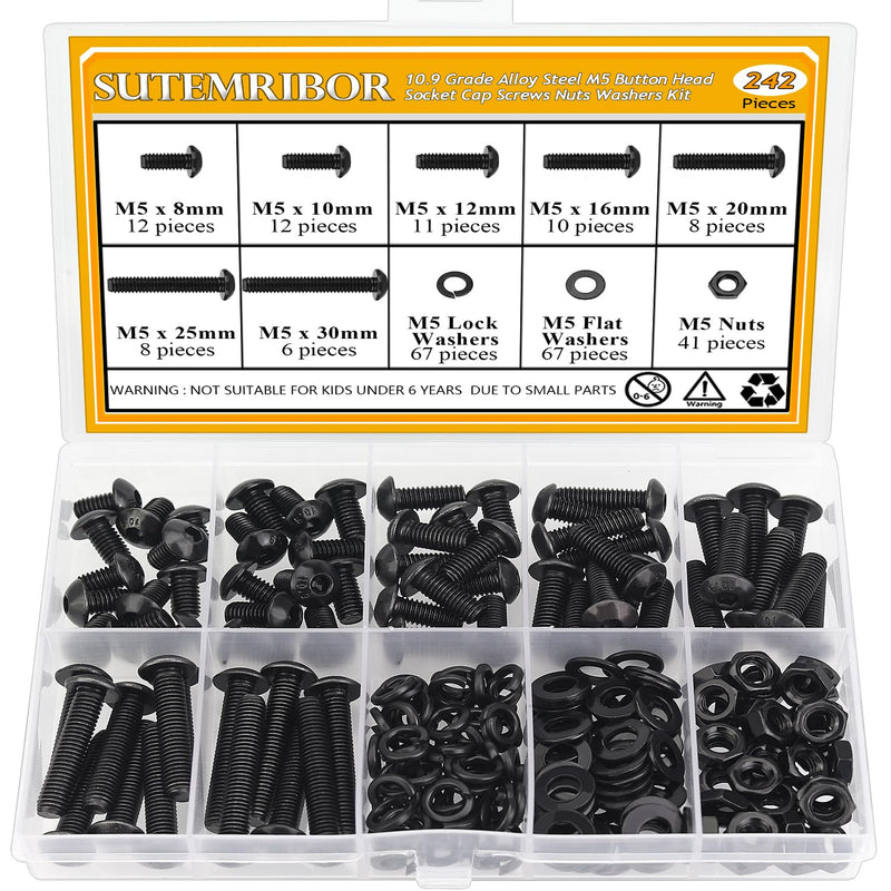 242 Pieces M5 Screws Nuts Washers Set Black, Sutemribor M5 x 8/10/12/16/20/25/30mm Button Head Socket Cap Screws Nuts Washers Assortment Kit, 10.9 Grade Alloy Steel, Fully Threaded M5 Screws Kit