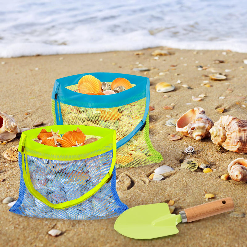 Beach Sand Sifter Set – 2 Retractable Sand Screens, Metal Shovel & 2 Seashell Mesh Bags, Adjustable Handle Scoop Tool for Beachcombing Collecting Shells Shark Teeth Treasure Hunting