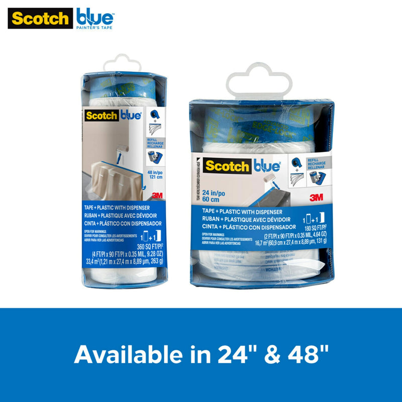 ScotchBlue Pre Plastic Painters Tape with Bladed Dispenser, 48 in x 30yd, Tape & Masking Film Combined in One Product, Static Cling to Stay in One Place, No Residue Masking Tape (PTD2093EL-48-S) 48" Width With Dispenser