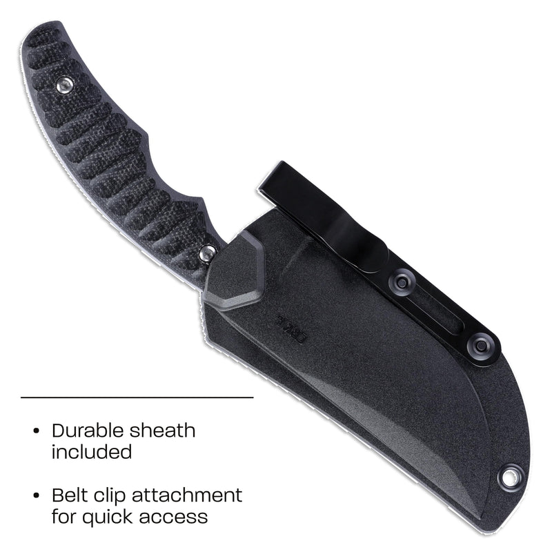 CRKT Burrower Everyday Carry Fixed Blade Knife with Sheath: D2 Steel Plain Edge Blade, Black & Gray Micarta Handle, 3610