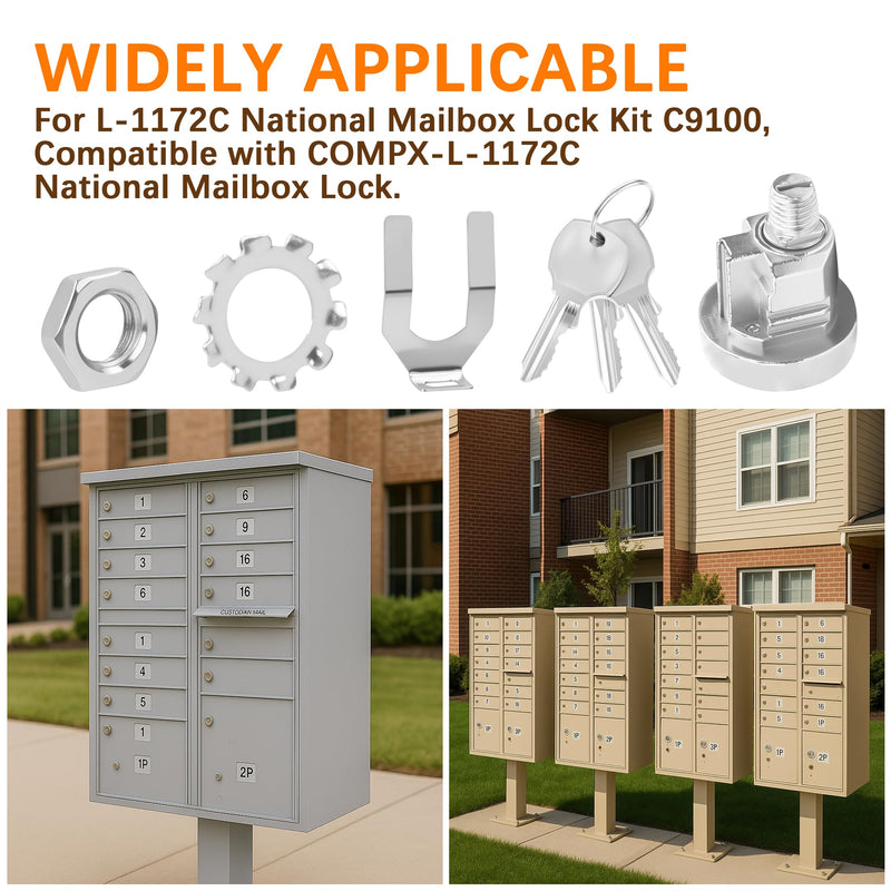 5 Pack L-1172C Mailbox Lock Replacement Includes 3 Keys Per Lock& 5 Locking Plates – C9100 National Standard Key Lock for Cluster Boxes,90° Clockwise Rotation