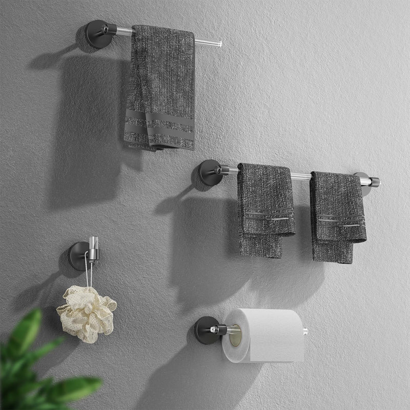 Black Acrylic Bathroom Accessories Set, Including a wall-Mounted Towel bar, Towel Ring, Toilet Paper Holder, and Robe Hook. A 4-piece Modern Acrylic Bathroom Hardware Fixture Set. Black Set