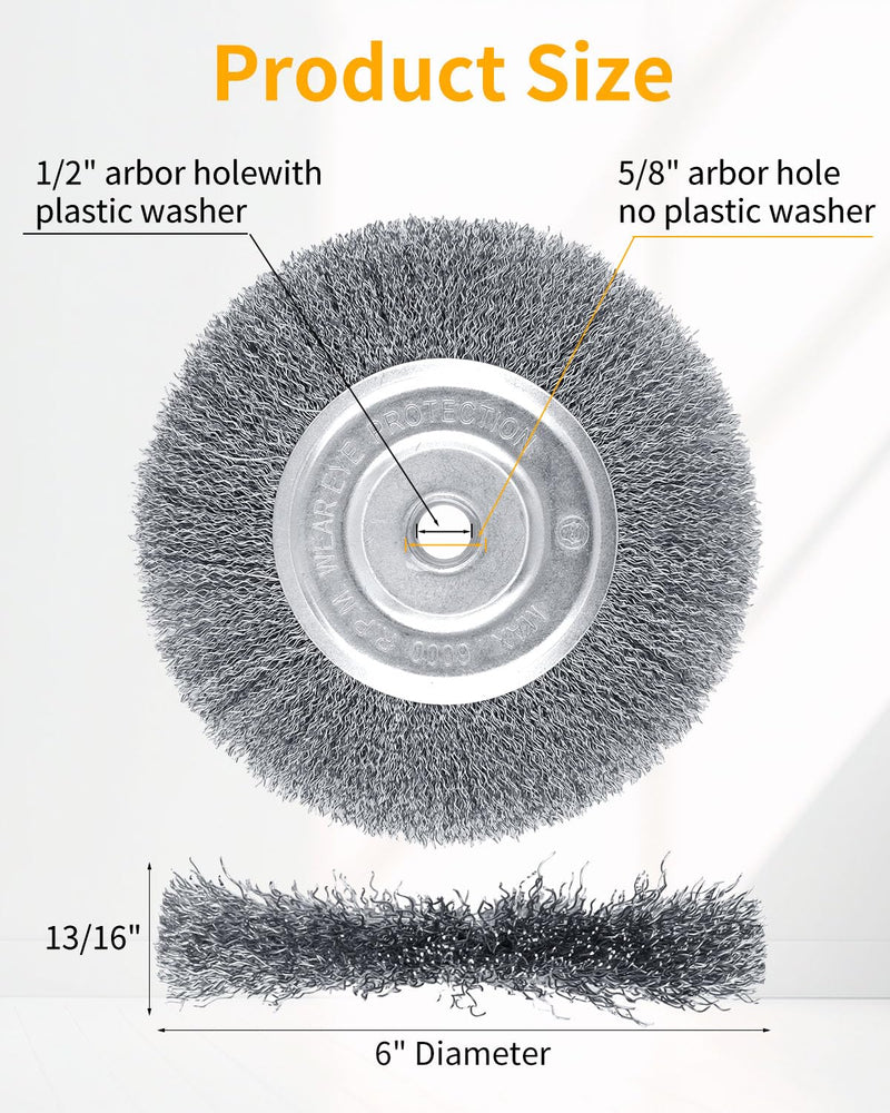 Wire Brush for Grinder - 6 Inch Fine Crimped Wire Wheel for Bench Grinder with 1/2" and 5/8" Arbor(0.0085Inch Wire Size), Efficiently Polish Nuts, Bolts and Assorted Car Parts. 6" 1Pcs