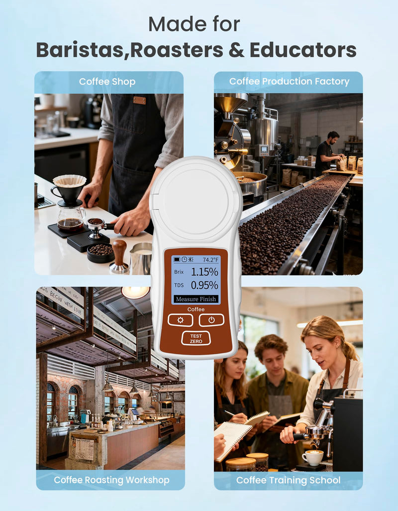 Professional Coffee Refractometer with ATC for Coffee Enthusiasts | Measure Coffee TDS & Brix, One-tap Calibration, Anti-Glare Interference, Rechargeable, Backlight, ℉/℃ Switch (0-22%, 0.2%) Brown