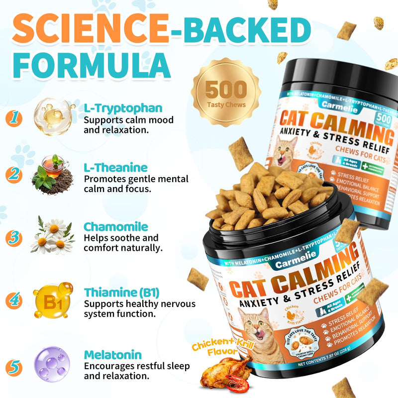 Carmelie Cat Calming & Lysine Treats Bundle, 500 Calming Chews + 500 Lysine Immune Support Chews for Cats – Stress Relief, Immune & Respiratory Support – Chicken & Krill Flavor