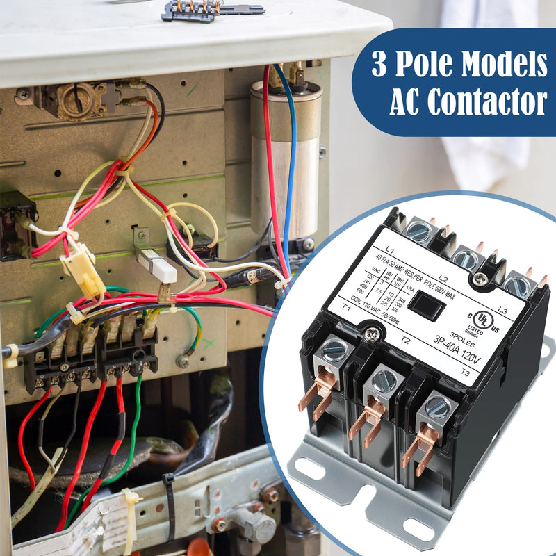 2 Pack Carrier HVAC Motor Contactor, 3 Pole 40 Amp 120V Coil Air Conditioner Contactor, AC Definite Purpose Contactor Replacement Relays, Air Conditioner Condenser Compressor 2