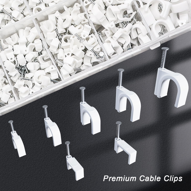 mxuteuk 630PCS Cable Clips with Steel Nails,4/5/6/8/10mm Round and 5/6mm Square White Cable Wire Clips,Wall Clips for Cords,Cable Cord Clips for RG6 RG59 CAT6 RJ45