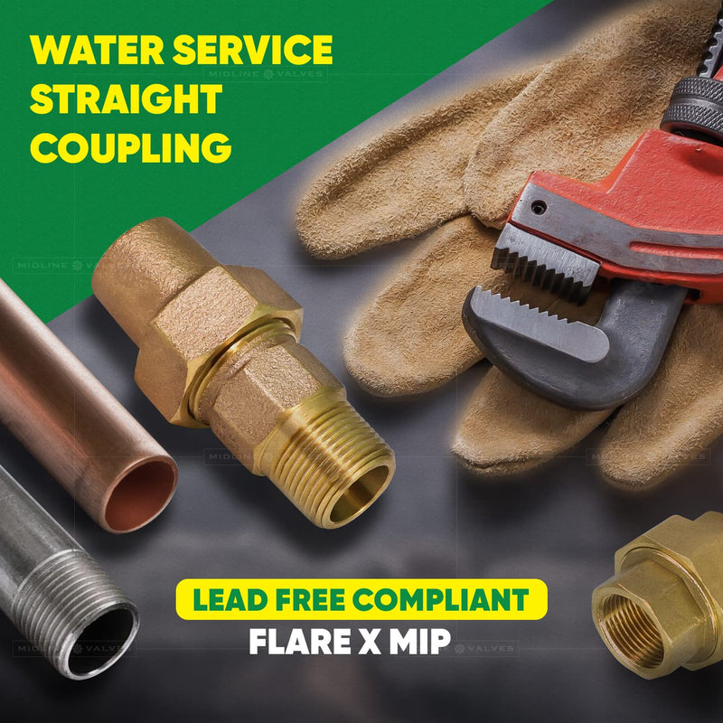Midline Valve XT-BGN0112 Water Service Coupling 1-1/2 Pipe Fitting Bronze, 1-1/2" Flare x MIP