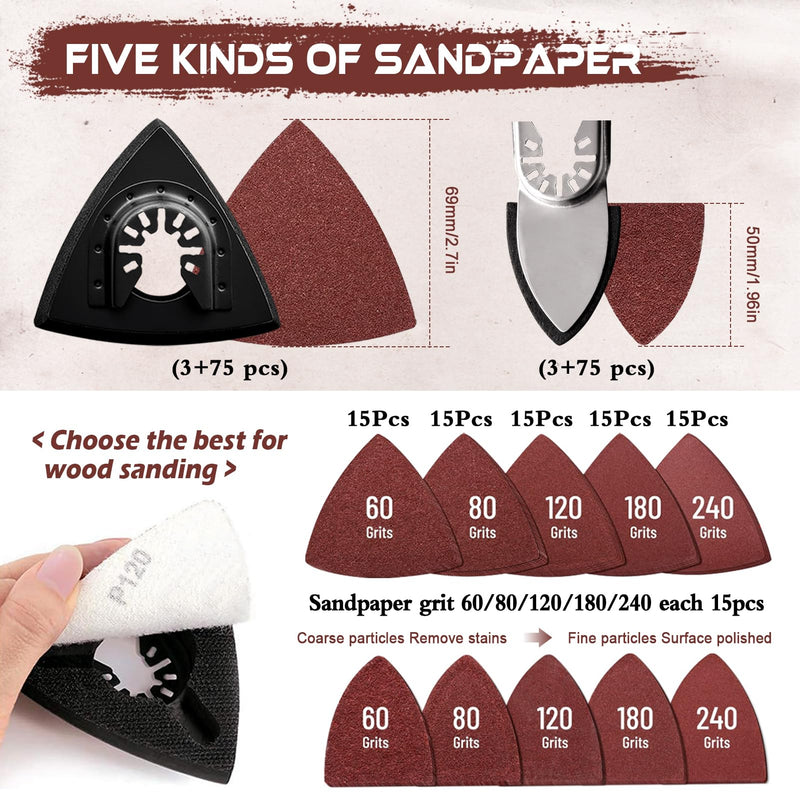 161Pcs Oscillating Tool Sanding Pad Kit, Includes 3Pcs Triangle Sanding Pads, 3Pcs Finger Sanding Pad, 150Pcs Sandpaper and 5 Saw Blades, for Wood Polish Sanding, & Other Surfaces