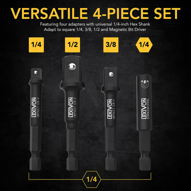 LEXIVON Impact Socket Adapter & Magnetic Bit Holder Set | 4 Pieces of 1/4-Inch Hex Shank Extension to 1/4", 3/8", and 1/2" Drive | Includes Organizer Rack (LX-104) 3 Adapters + Magnetic bit holder
