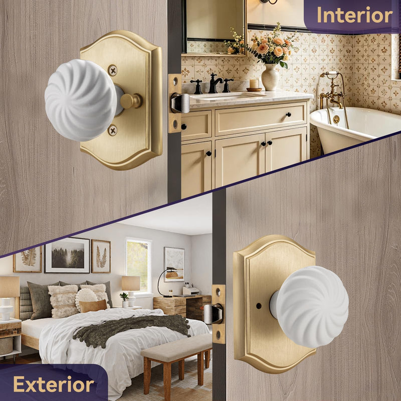 Brushed Gold Door Knobs Interior for Privacy Bath & Bedroom | Zinc Camelot Trim, Gold & White Flower Style