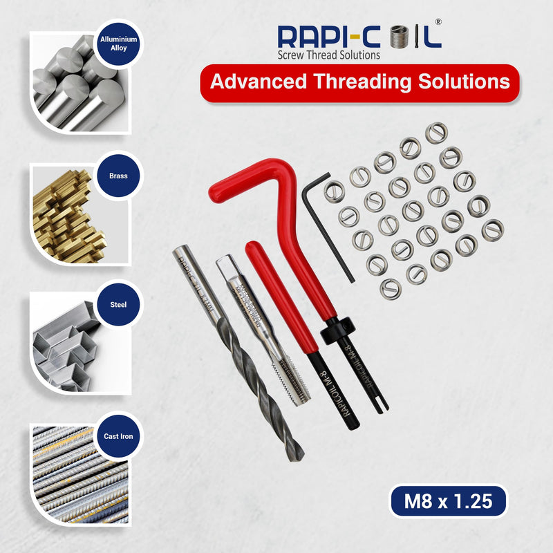 M8 x 1.25 Thread Repair Helicoil Kit, HSS M2 Tap & Drill, SS 304 Wire Inserts - Made in India M8 x 1.25
