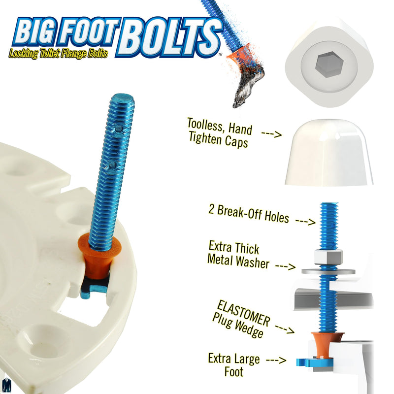 Big Foot Toilet Bolts & Hand-Tighten Caps - 5/16" Thread - 2.5" Length - Rubber Wedge Locks in Flange