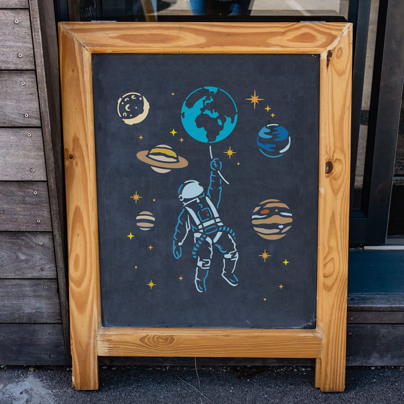 FINGERINSPIRE Astronaut Stencils 11.7x8.3 inch Plastic Outer Space Theme Drawing Painting Stencils Planet Earth Star Pattern Wall Stencils Reusable Stencils for Painting on Wood, Floor, Wall and Tile