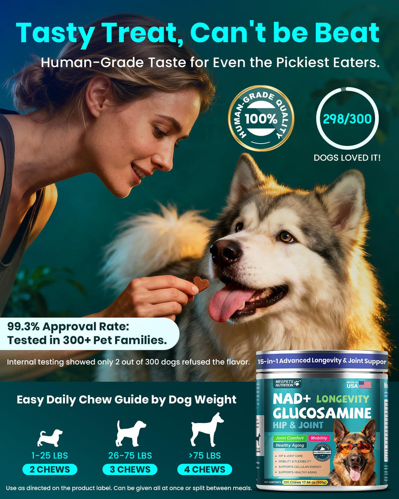 NAD+ Glucosamine for Dogs Hip and Joint Supplement - 300 Soft Chews - Advanced Mobility Support with MSM, Chondroitin, Resveratrol & CoQ10 - Healthy Aging & Vitality Brown