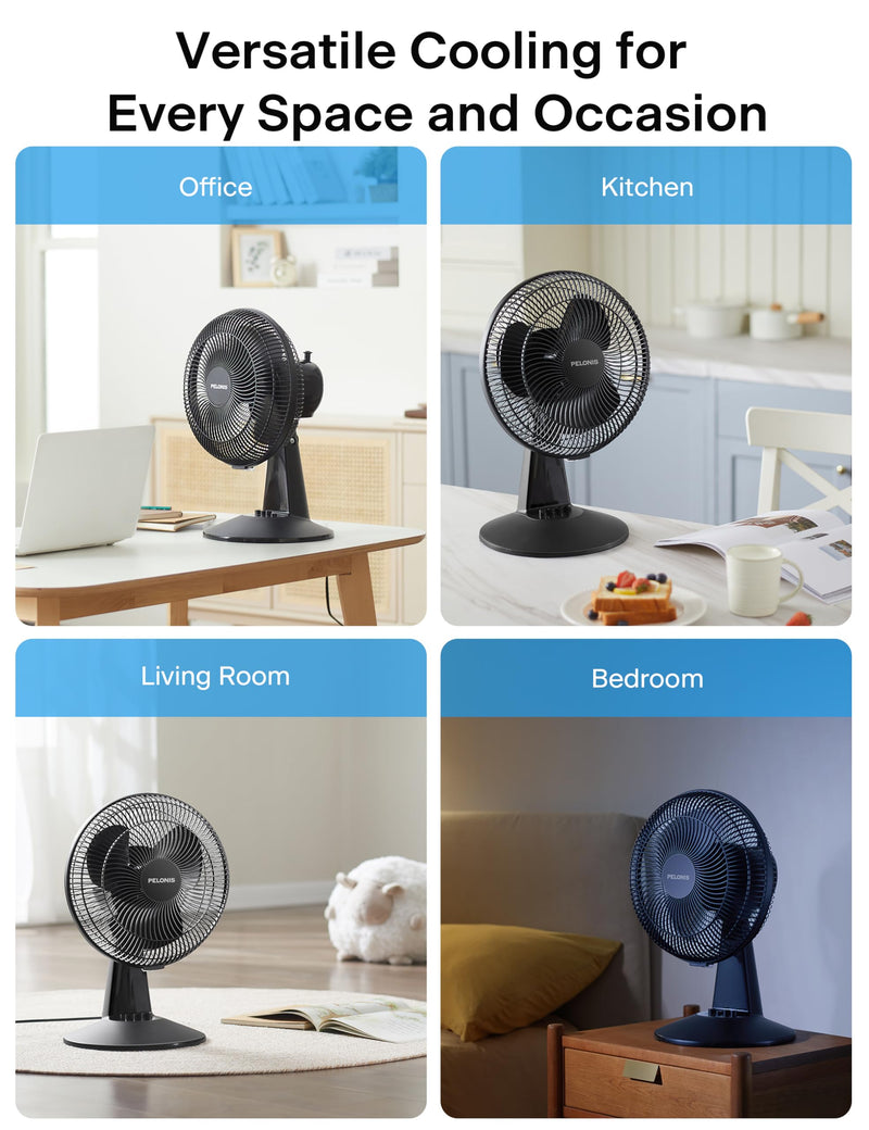 PELONIS Table Fan 12-Inch, 120° Oscillating Table Fan Small Portable Electric Plug-In Desk Fan with 3-Speeds, 126° Adjustable Tilt Head for Bedroom and Office Black 9 inch Table Fan