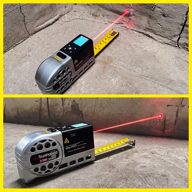 5 in 1 Laser Tape Measure with Level | 196ft/60M Laser Distance Meter Display On Backlit LCD Screen with 16ft/5m AutoLock Measuring Tape | Ft/Inch/Fractions/M/mm (Sliver 5in1 Laser)