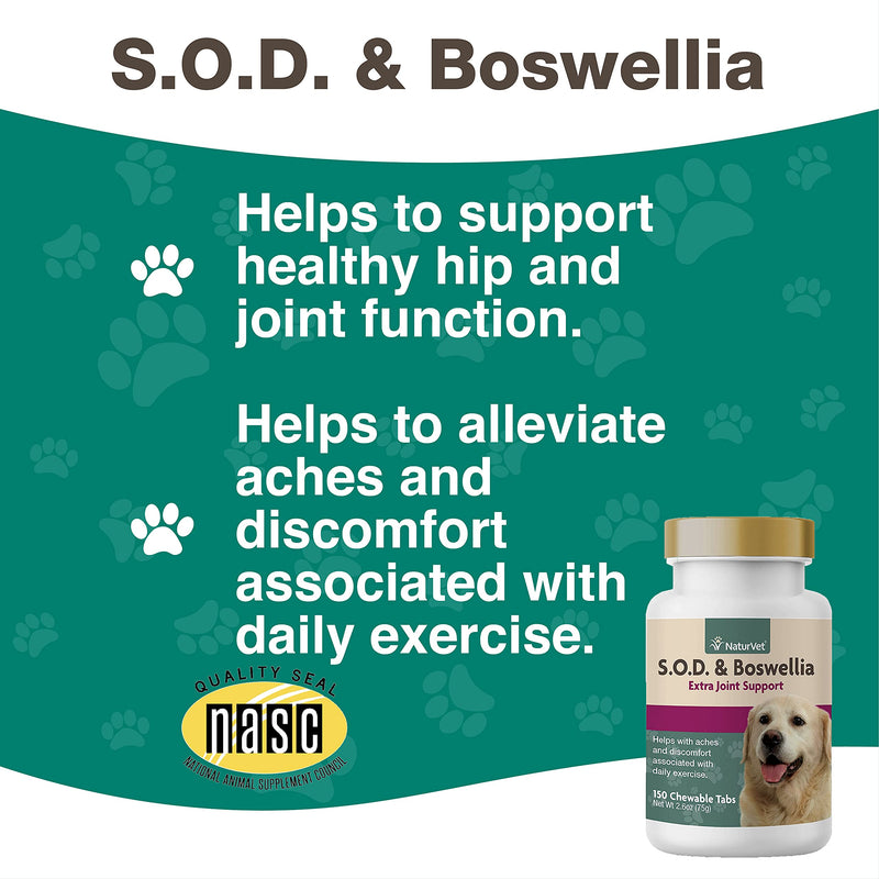 NaturVet S.O.D. & Boswellia Extra Joint Support Dog Supplement – Dog Hip Supplement – Helps Alleviate Aches, Pain – For Dog Flexibility, Healthy Joint Function – 150 Ct. Chewable Tablets