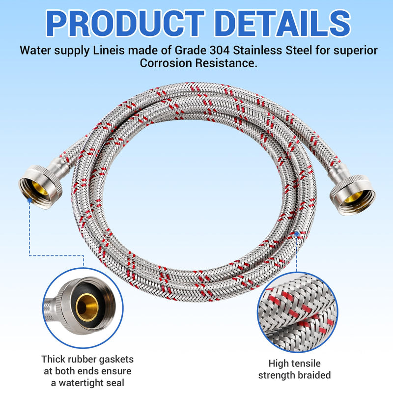 4 Ft Washing Machine Hoses, Premium Stainless Steel Washer Hoses Burst Proof 2 Packs, Hot and Cold Striped Water Supply Hoses for ALL Washing Machine