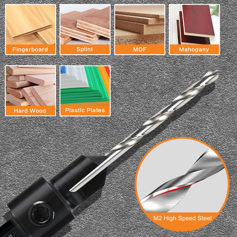 5-pc Woodworking Countersink Counterbore Drill Bit Set 3in1 for #6 8 10 12 16 Screws, M2 Pilot Drill Bits Adjustable Depth, 82-Degree Chamfer with Stop, 1/4” Hex Shank, Includes 2 Allen Wrenches 5Pack Countersink Drill Bits