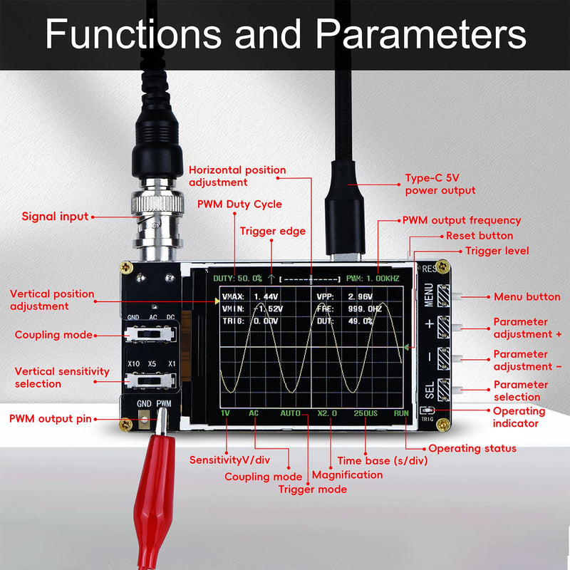 Handheld Digital Oscilloscope Kit, 2.4 LCD Screen 1MSa/s High Sampling Rate, 200KHz Bandwidth,Mini Portable Oscilloscope with Trigger Function Auto/Normal/Single，X10/X5/X1 Sensitivity