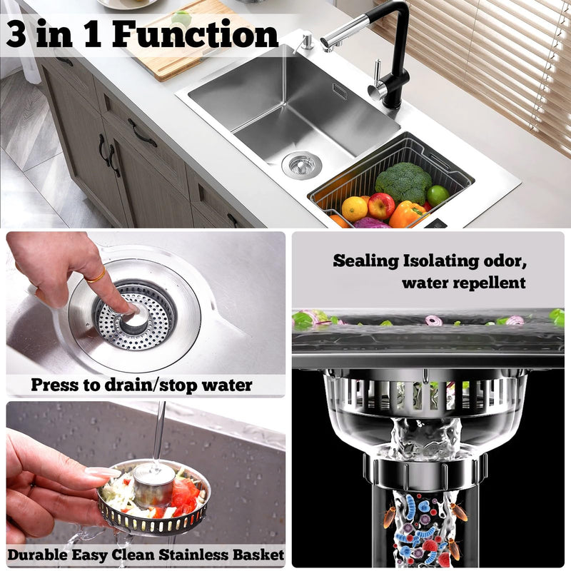 Upgraded 3 in 1 Kitchen Sink Drain Strainer Stopper, Brushed Stainless Steel SUS 304 Pop Up Sink Drain Stopper for Standard 3-1/2 Inch Drain Anti-Clogging Odor Prevention SUS304 Drain+SUS304 Strainer-1Pack
