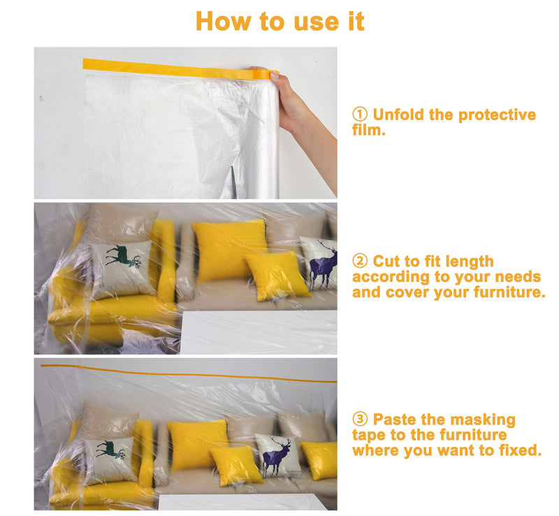 Muf 9 x 65 Feet Plastic Drop Cloth Plastic Sheeting with Masking Tape,Waterproof Protective Masking Film,Prevent Dust Paint for Car,Furniture,Carpet,Floor,1 Pack 1 9 × 65 feet