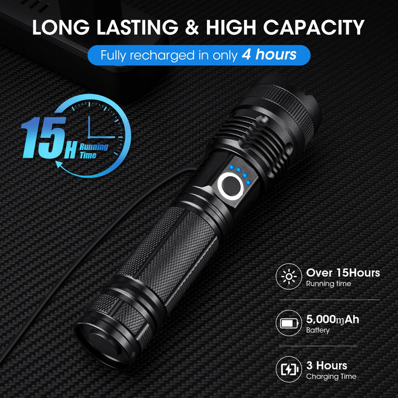 Flashlights Rechargeable LED High Lumens - 4 Pack 90,000LM Super Bright Flashlight, Adjustable Powerful Flash Light with 5 Modes, Waterproof Handheld Flashlight for Home, Camping