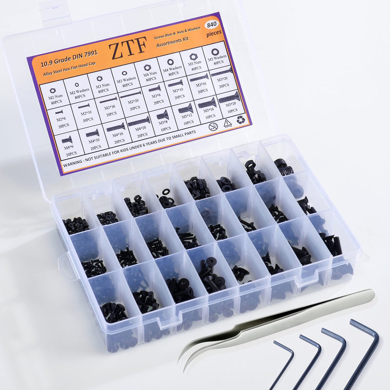 840PCS Metric M2 M3 M4 M5 Hex Socket Flat Head Screws Bolts Nuts Washers Assortment Kit with Storage Box, 10.9 Grade Alloy Steel Metric Thread Hexagon Allen Machine Bolt, DIN 7991 with 4 Hex Wrenches Flat Socket Head