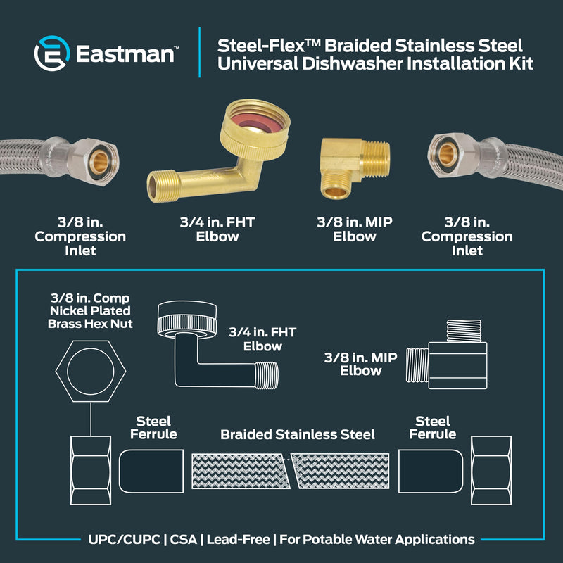 Eastman Dishwasher Installation Kit, 5 Foot Supply Line with 3/8 Inch Compression Ends, 3/8 Inch MIP Elbow and 3/4 Inch FHT Elbow, Braided Stainless Steel Dishwasher Connectors, 41041 5 Ft.